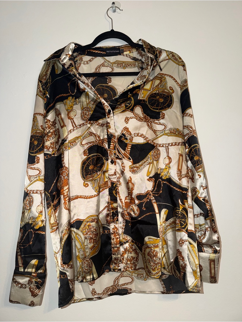 PrettyLittleThing Cream, Black & Gold Chain-Print Button-Up Shirt
